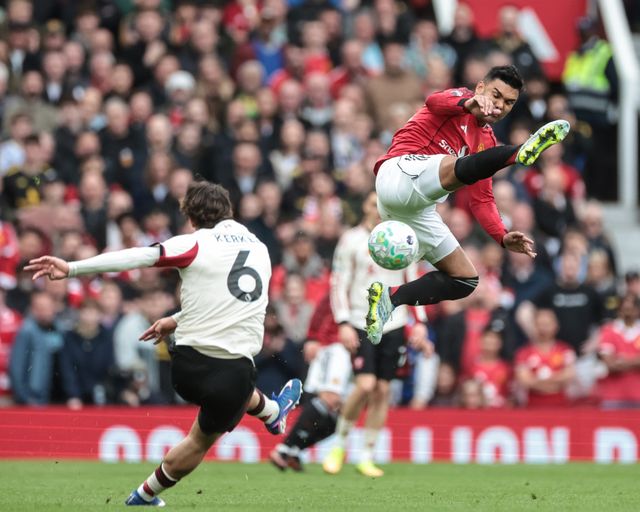 Casemiro of Manchester United jumps to block a shot off Milos Kerkez of Liverpool during the Premier League match Manchester United vs Liverpool at Old Trafford, Manchester, United Kingdom on 03 May 2026

(Photo by Mark Cosgrove/News Images)