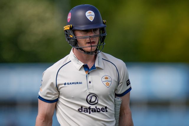 Brooke Guest of Derbyshire asks off after he is bowled by Will Williams during the county Championship Division Two day 4 Derbyshire vs Gloucestershire at The Central Co-Op County Ground, Derby, United Kingdom on 27 April 2026

(Photo by Maynard Manyowa/News Images)