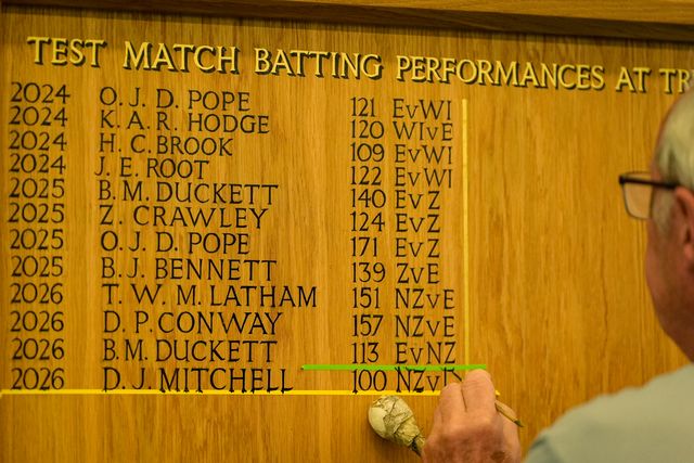 Daryl Mitchell of New Zealand has his name written into the honours board during the 3rd Rothesay Test Match Day 5 match England vs New Zealand at Trent Bridge, Nottingham, United Kingdom on 29 June 2026

(Photo by Maynard Manyowa/News Images)