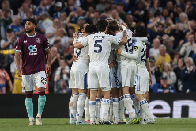 Anton Stach of Leeds United celebrates his goal to make it 1-0 with team mates during the Premier League match Leeds United vs Burnley at Elland Road, Leeds, United Kingdom on 01 May 2026

(Photo by Mark Cosgrove/News Images)