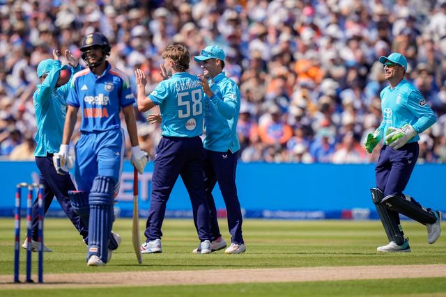 Sam Curran of England celebrates the wicket of Rohit Sharma of India during the 1st Metro Bank ODI match England vs India at Edgbaston, Birmingham, United Kingdom on 14 July 2026

(Photo by Maynard Manyowa/News Images)