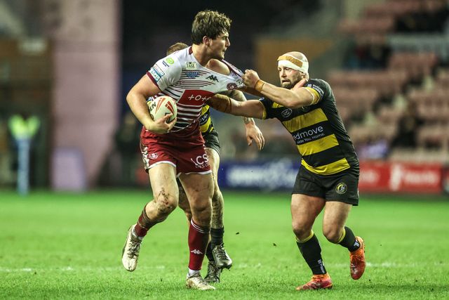 Ethan Havard of Wigan Warriors is tackled by Paul McShane of York Knights during the Betfred Super League round 5 match Wigan Warriors vs York Knights at The Brick Community Stadium, Wigan, United Kingdom on 19 March 2026

(Photo by Alfie Cosgrove/News Images)