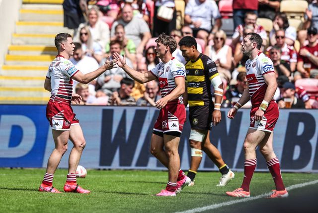 Noah Hodkinson of Wigan Warriors celebrates his try during the Betfred Super League round 15 match York Knights vs Wigan Warriors at LNER Community Stadium, York, United Kingdom on 20 June 2026

(Photo by Alfie Cosgrove/News Images)
