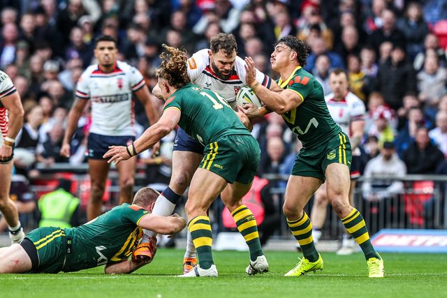 Alex Walmsley of England is tackled during the The Ashes Series 2025 England vs Australia at Wembley Stadium, London, United Kingdom, 25th October 2025

(Photo by Alfie Cosgrove/News Images)