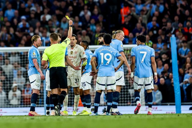 Ederson of Manchester City receives a yellow card during the Premier League match Manchester City vs Bournemouth at Etihad Stadium, Manchester, United Kingdom, 20th May 2025

(Photo by Mark Cosgrove/News Images)