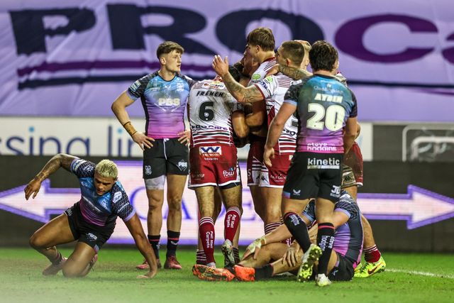Jai Field of Wigan Warriors celebrates his try during the Betfred Super League match Wigan Warriors vs Hull FC at The Brick Community Stadium, Wigan, United Kingdom on 21 February 2026

(Photo by Alfie Cosgrove/News Images)