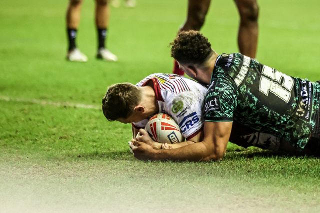 Jai Field of Wigan Warriors goes over for a try during the Betfred Super League match Wigan Warriors vs Leigh Leopards at The Brick Community Stadium, Wigan, United Kingdom on 26 February 2026

(Photo by Alfie Cosgrove/News Images)