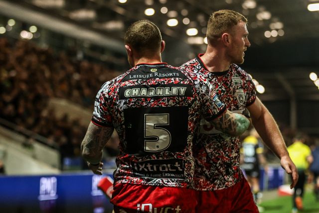 Josh Charnley of Leigh Leopards celebrates his try during the Betfred Super League round 8 match York Knights vs Leigh Leopards at LNER Community Stadium, York, United Kingdom on 17 April 2026

(Photo by Alfie Cosgrove/News Images)