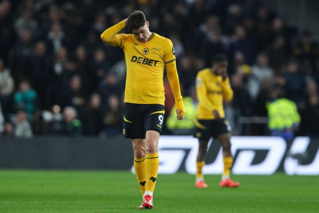JÃ¶rgen Strand Larsen of Wolverhampton Wanderers reacts to his side conceding a goal to make it 0-1 during the Premier League match Wolverhampton Wanderers vs Everton at Molineux, Wolverhampton, United Kingdom, 8th March 2025

(Photo by Gareth Evans/News Images)