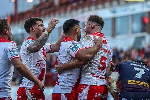 Joe Burgess of Hull KR celebrates his try making it 12-0 during the Betfred Super League Semi Final 2 match Hull KR vs St Helens at Sewell Group Craven Park, Kingston upon Hull, United Kingdom, 3rd October 2025

(Photo by Alfie Cosgrove/News Images)