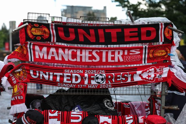 Manchester United scarfs on sale outside Old Trafford during the Premier League match Manchester United vs Nottingham Forest at Old Trafford, Manchester, United Kingdom on 17 May 2026

(Photo by Mark Cosgrove/News Images)