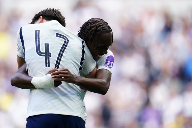 Mikey Moore of Tottenham Hotspur and Mathys Tel of Tottenham Hotspur celebrate goal during the pre-season friendly match Tottenham Hotspur vs Hoffenheim at Tottenham Hotspur Stadium, London, United Kingdom on 15 August 2026

(Photo by Harvey Murphy/News Images)