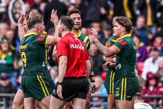 Reece Walsh of Australia celebrates his try during the The Ashes Series 2025 England vs Australia at Wembley Stadium, London, United Kingdom, 25th October 2025

(Photo by Alfie Cosgrove/News Images)