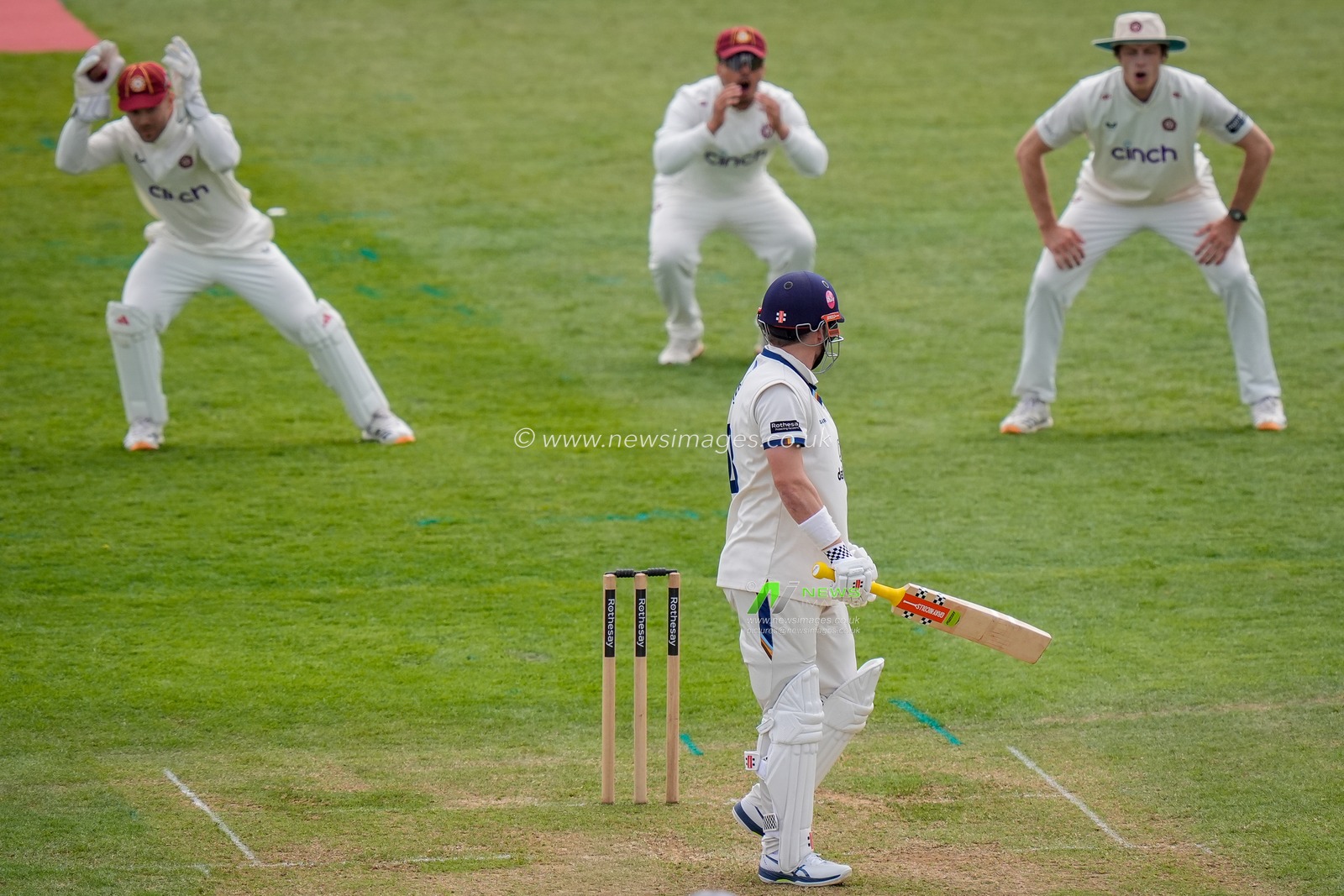 Northamptonshire players react to Caleb Jewell of Derbyshire  playing and missing one during the County Championship Division Two Derbyshire vs Northamptonshire day one match at The Central Co-Op County Ground, Derby, United Kingdom on 08 May 2026

(Photo by Maynard Manyowa/News Images)