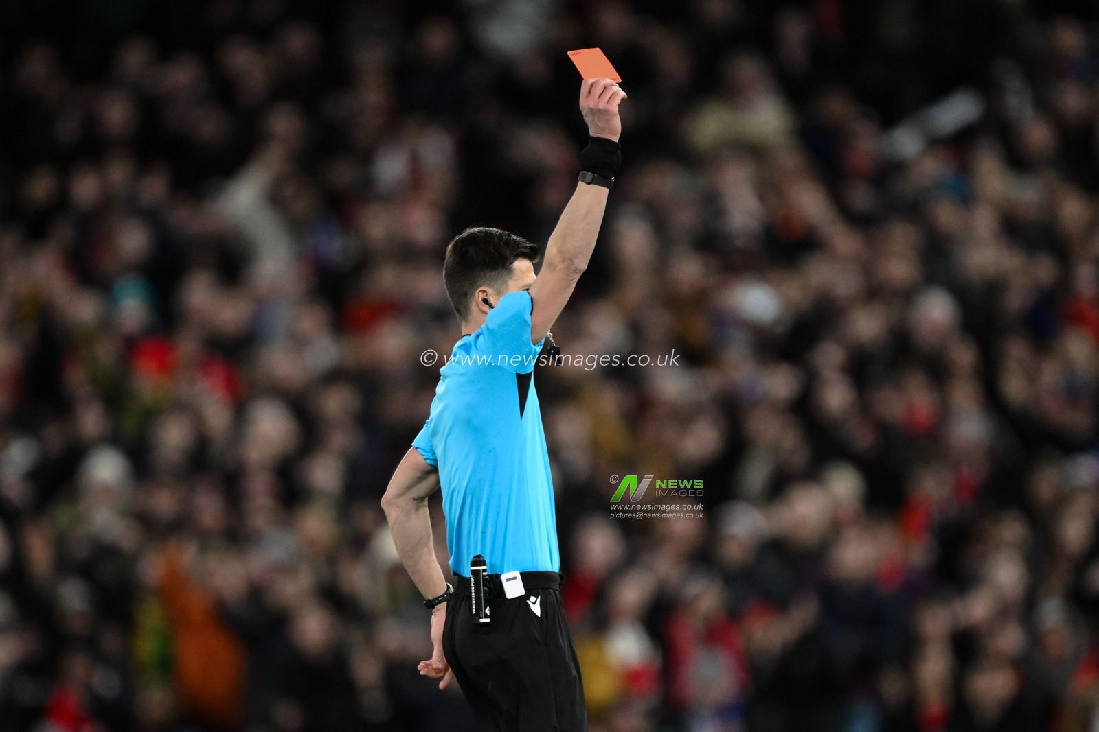Referee Benoit Bastien gives a red card to Jon Mikel Aramburu of Real Sociedad during the UEFA Europa League Last 16 match Manchester United vs Real Sociedad at Old Trafford, Manchester, United Kingdom, 13th March 2025

(Photo by Craig Thomas/News Images)