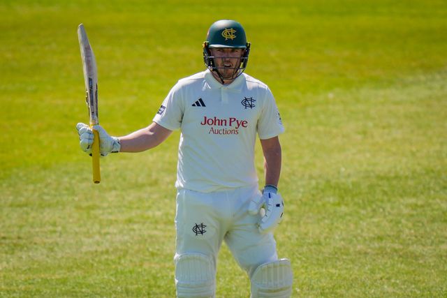 Ben Slater of Nottinghamshire celebrates scoring his 50 and raises his bat to acknowledge the fans and team mates on reaching a half century during Leicestershire County Cricket Club vs Nottinghamshire County Cricket Club in Country Cricket Division One Day 1 at Grace Road, Leicester, United Kingdom on 01 May 2026

(Photo by Maynard Manyowa/News Images)