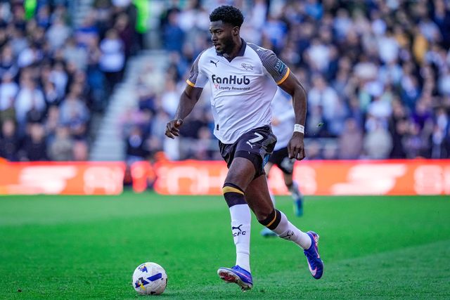 Patrick Agyemang of Derby County makes a run with the ball  during the Sky Bet Championship match Derby County vs Stoke City at Pride Park Stadium, Derby, United Kingdom on 06 April 2026

(Photo by Maynard Manyowa/News Images)