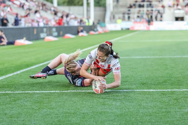 Phoebe Hook of St Helens goes over for a try to make it 20-20 during the Betfred Women's Super League Round 13 match St Helens Women vs Wigan Warriors Women at Totally Wicked Stadium, St Helens, United Kingdom, 5th September 2025

(Photo by Mark Cosgrove/News Images)