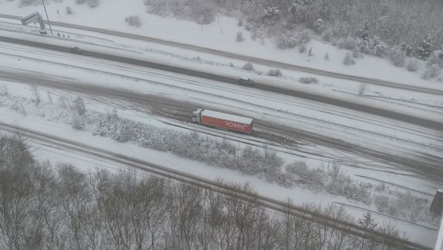 An abandoned lorry on the M1 at junction 37 near Barnsley after an amber weather warning was issued overnight, Barnsley, United Kingdom, 5th January 2025

(Photo by Alfie Cosgrove/News Images)