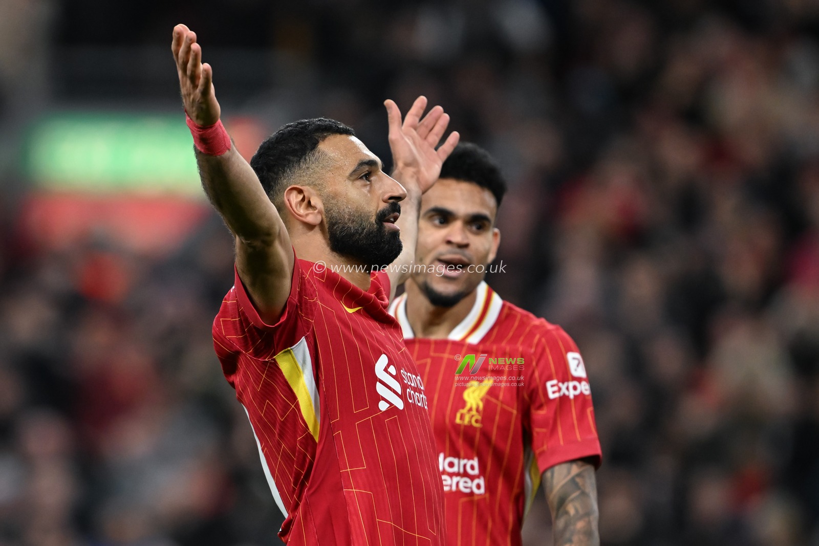 Mohamed Salah of Liverpool celebrates his goal to make it 2-1 Liverpool during the Premier League match Liverpool vs Brighton and Hove Albion at Anfield, Liverpool, United Kingdom, 2nd November 2024

(Photo by Cody Froggatt/News Images)