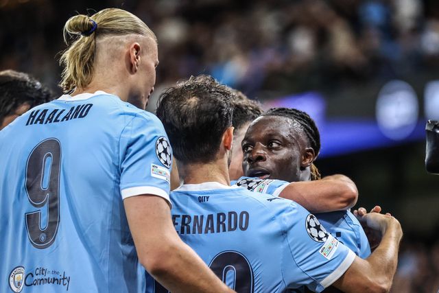 Jeremy Doku of Manchester City celebrates his goal to make it 2-0 during the UEFA Champions League 2025/26 Phase MD1 Manchester City vs Napoli League at The City of Manchester Stadium, Manchester, United Kingdom, 18th September 2025

(Photo by Alfie Cosgrove/News Images)