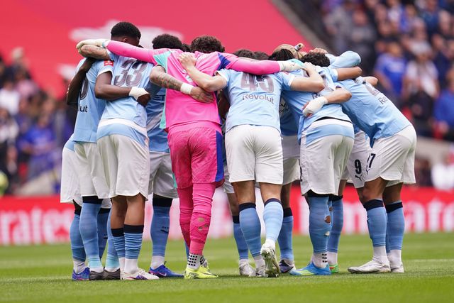 Manchester city players huddle during the Emirates FA Cup Final match Chelsea vs Manchester City at Wembley Stadium, London, United Kingdom on 16 May 2026

(Photo by Harvey Murphy/News Images)