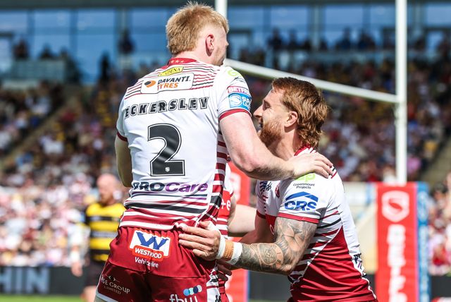 Adam Keighran of Wigan Warriors celebrates his try during the Betfred Super League round 15 match York Knights vs Wigan Warriors at LNER Community Stadium, York, United Kingdom on 20 June 2026

(Photo by Alfie Cosgrove/News Images)