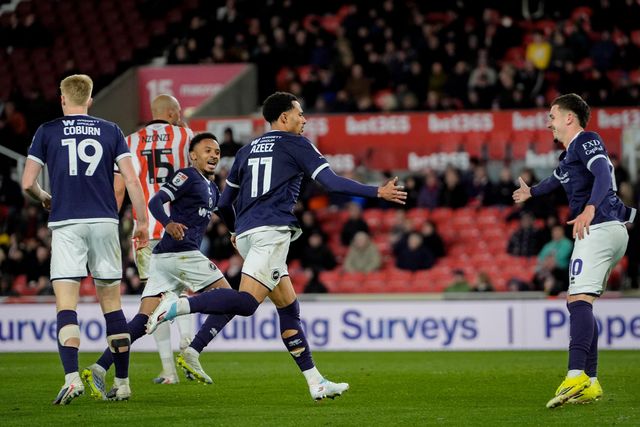 Femi Azeez of Millwall celebrates his goal to make it 0-2 during the Sky Bet Championship match Stoke City vs Millwall at Bet365 Stadium, Stoke On Trent, United Kingdom on 21 April 2026

(Photo by Maynard Manyowa/News Images)