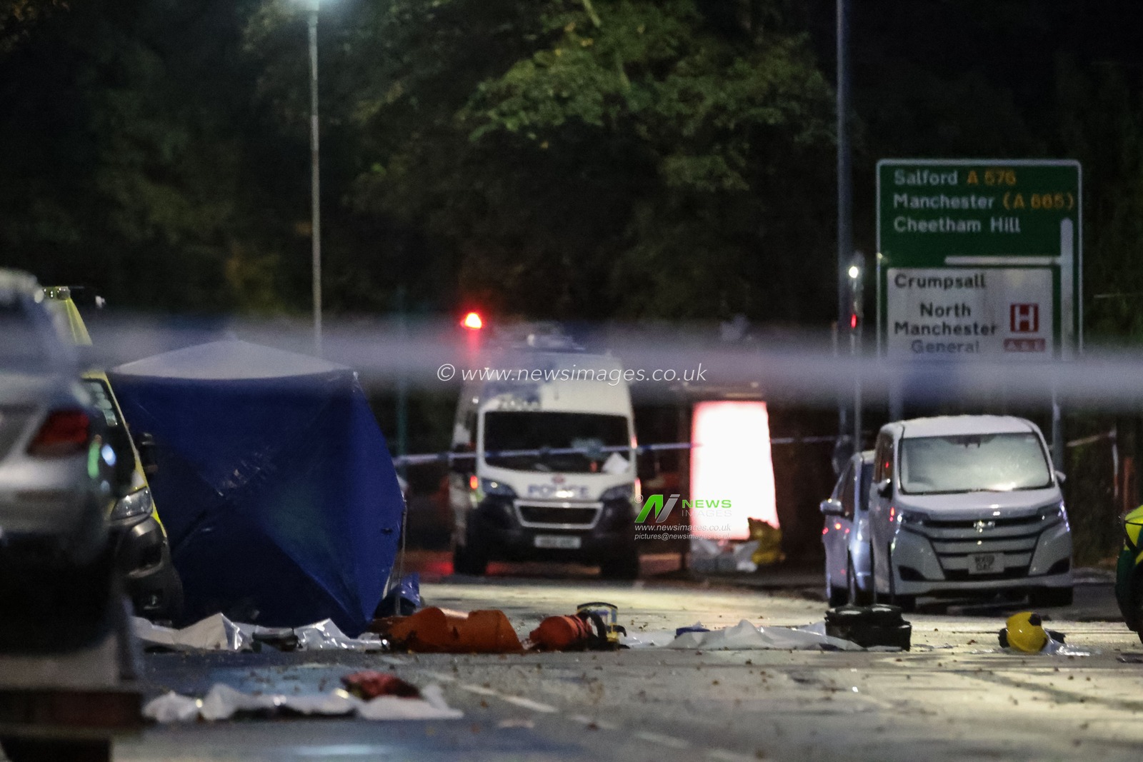 Forensic tents are still in place and emergency kit strewn across the road during the Manchester synagogue terror attack day 2 at Heaton Park Shul, Manchester, United Kingdom, 3rd October 2025

(Photo by Mark Cosgrove/News Images)