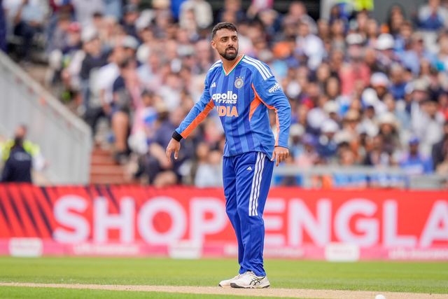 Varun Chakravarthy of India during the Second Vitality T20 International match England vs India at Old Trafford, Manchester, United Kingdom on 04 July 2026

(Photo by Maynard Manyowa/News Images)
