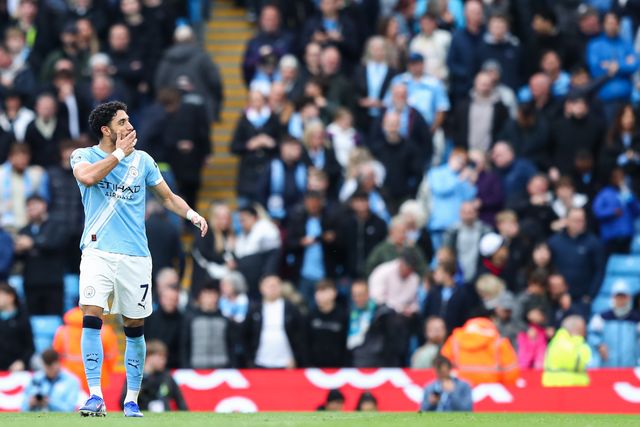 Omar Marmoush of Manchester City celebrates his goal to make it 3-0 during the Premier League match Manchester City vs Brentford at The City in the Community Etihad Stadium, Manchester, United Kingdom on 09 May 2026

(Photo by Jorge Horsted/News Images)