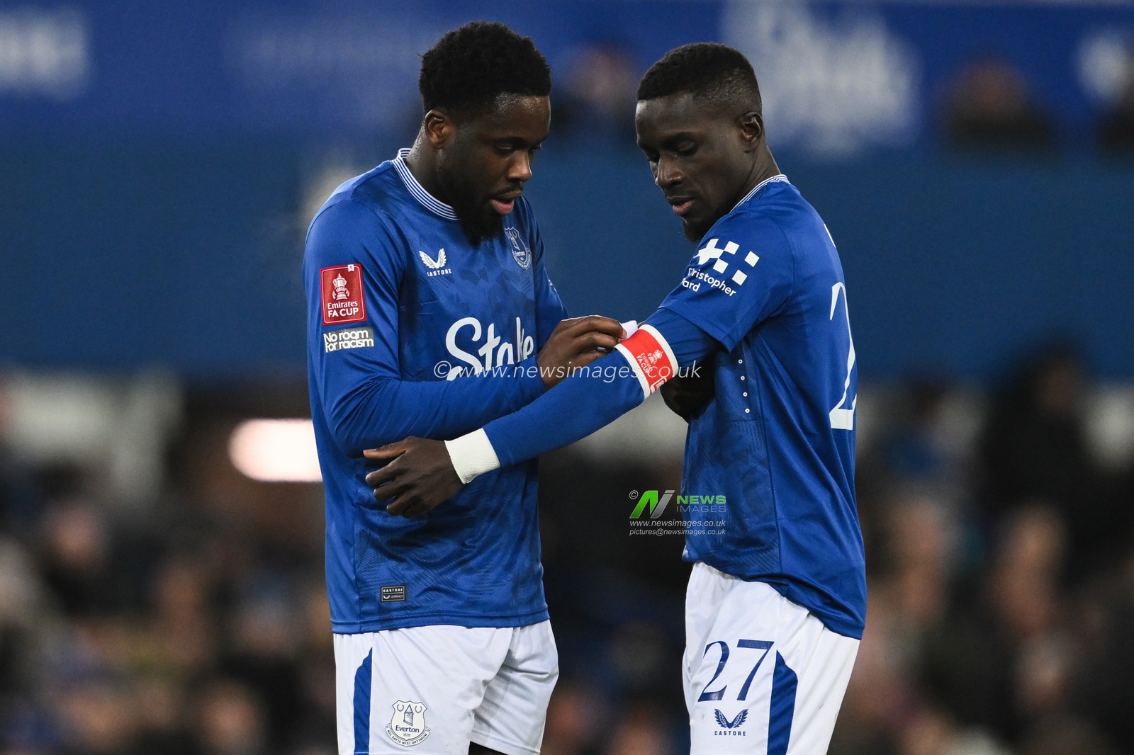 Orel Mangala of Everton helps Idrissa Gueye of Everton fix the captains arm band during the Emirates FA Cup 3rd Round match Everton vs Peterborough United at Goodison Park, Liverpool, United Kingdom, 9th January 2025

(Photo by Craig Thomas/News Images)