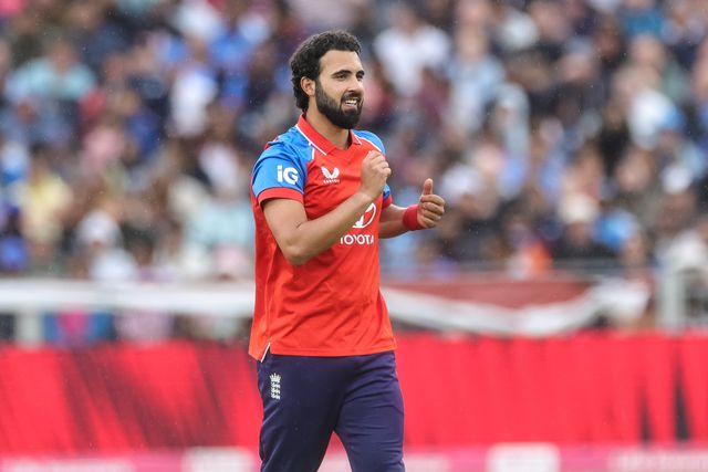 Saqib Mahmood of England celebrates the wicket of  India captain Shreyas Iyer during the First Vitality T20 International match England vs India at Banks Homes Riverside Stadium, Chester-le-street, United Kingdom on 01 July 2026

(Photo by Mark Cosgrove/News Images)