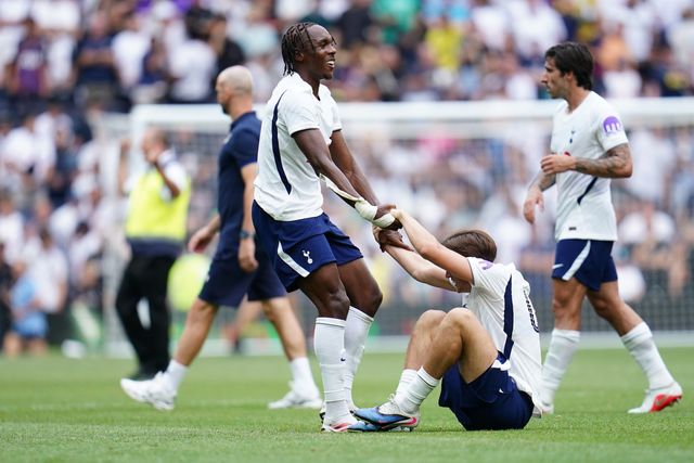 Mikey Moore of Tottenham Hotspur and Mathys Tel of Tottenham Hotspur at full time during the pre-season friendly match Tottenham Hotspur vs Hoffenheim at Tottenham Hotspur Stadium, London, United Kingdom on 15 August 2026

(Photo by Harvey Murphy/News Images)