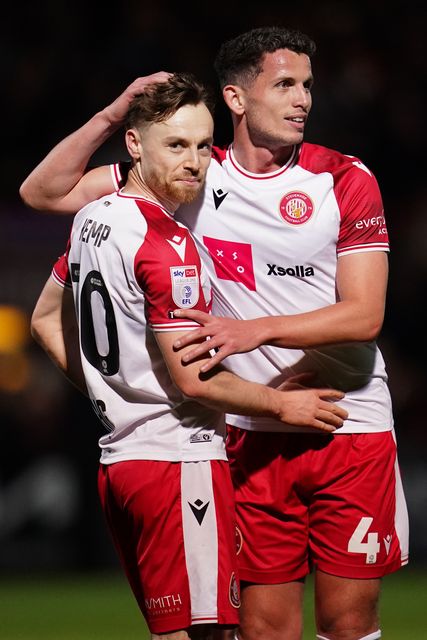 Jordan Houghton of Stevenage and Dan Kemp of Stevenage celebrate crucial win at full time during the Sky Bet League One match Stevenage vs Barnsley at Lamex Stadium, Stevenage, United Kingdom on 21st April 2026

(Photo by Harvey Murphy/News Images)