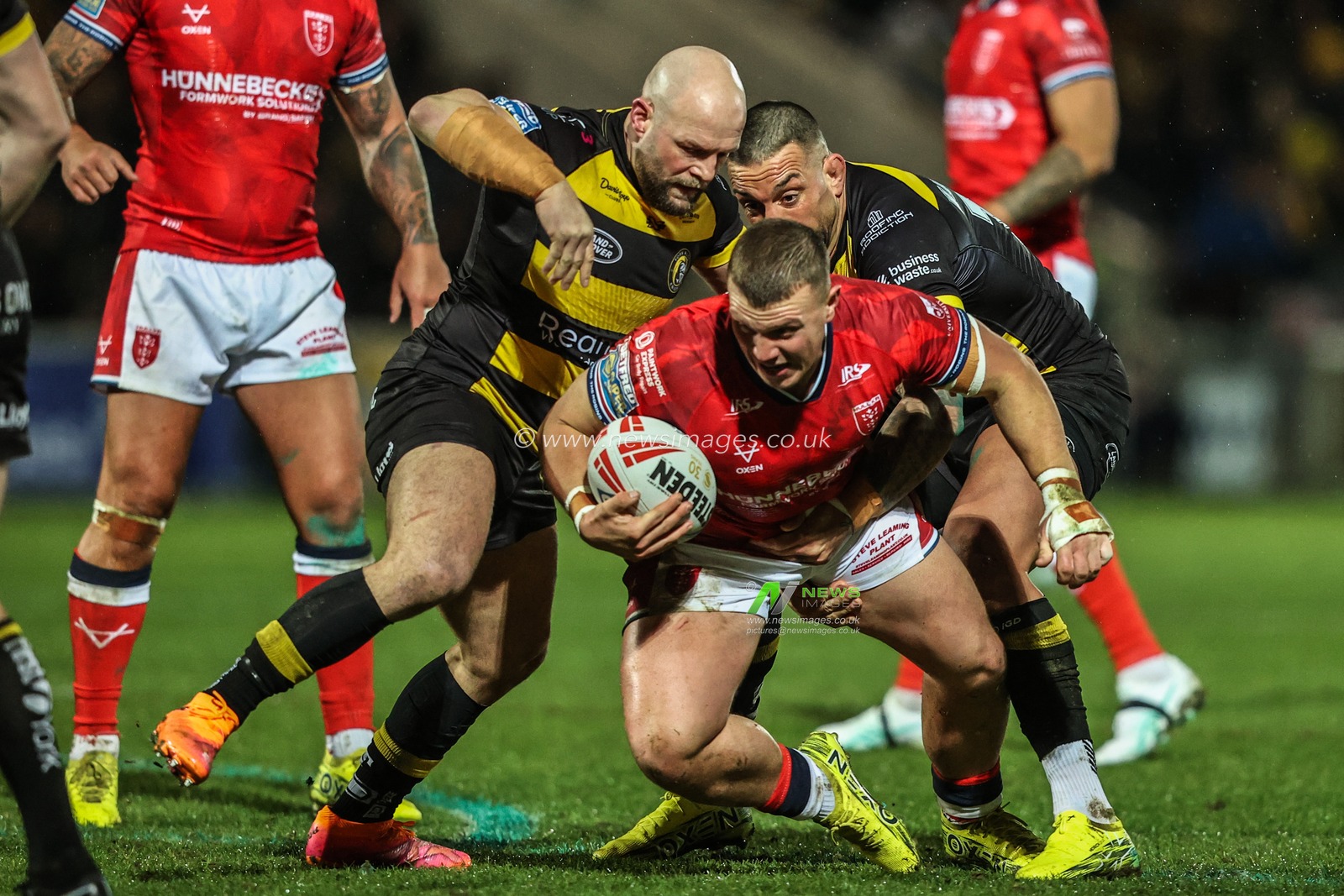 Jack Brown of Hull KR is tackled by Paul McShane of York Knights and Paul Vaughan of York Knights during the Betfred Super League Round 1 match York Knights vs Hull KR at LNER Community Stadium, Lincoln, United Kingdom on 12 February 2026

(Photo by Alfie Cosgrove/News Images)