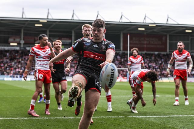 Jack Farrimond of Wigan Warriors celebrates his try during the Betfred Super League round 7 match St Helens vs Wigan Warriors at The BrewDog Stadium, St Helens, United Kingdom on 03 April 2026

(Photo by Alfie Cosgrove/News Images)
