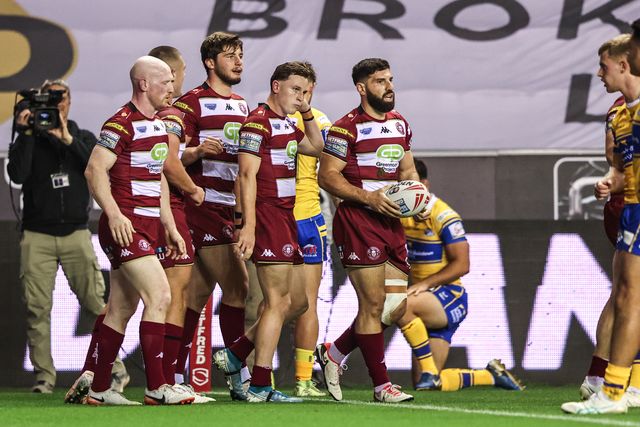 Abbas Miski of Wigan Warriors celebrates his try to make it 4-0 during the Betfred Super League round 27 match Wigan Warriors vs Leeds Rhinos at The Brick Community Stadium, Wigan, United Kingdom, 19th September 2025

(Photo by Alfie Cosgrove/News Images)