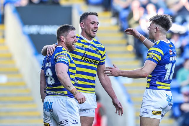 Ben Currie of Warrington Wolves celebrates his try during the Betfred Super League round 5 match Warrington Wolves vs Castleford Tigers at The Halliwell Jones Stadium, Warrington, United Kingdom on 21 March 2026

(Photo by Alfie Cosgrove/News Images)