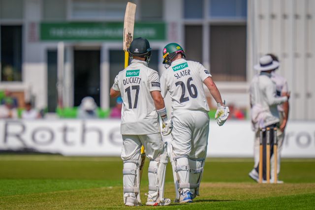 Ben Duckett of Nottinghamshire celebrates scoring 50 runs as he reaches his half century during Leicestershire County Cricket Club vs Nottinghamshire County Cricket Club in Country Cricket Division One Day 1 at Grace Road, Leicester, United Kingdom on 01 May 2026

(Photo by Maynard Manyowa/News Images)