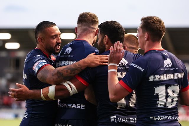 Joe Burgess of Hull KR celebrates his hat-trick try during the Betfred Super League Round 20 Salford Red Devils vs Hull KR at Salford Community Stadium, Eccles, United Kingdom, 31st July 2025

(Photo by Mark Cosgrove/News Images)
