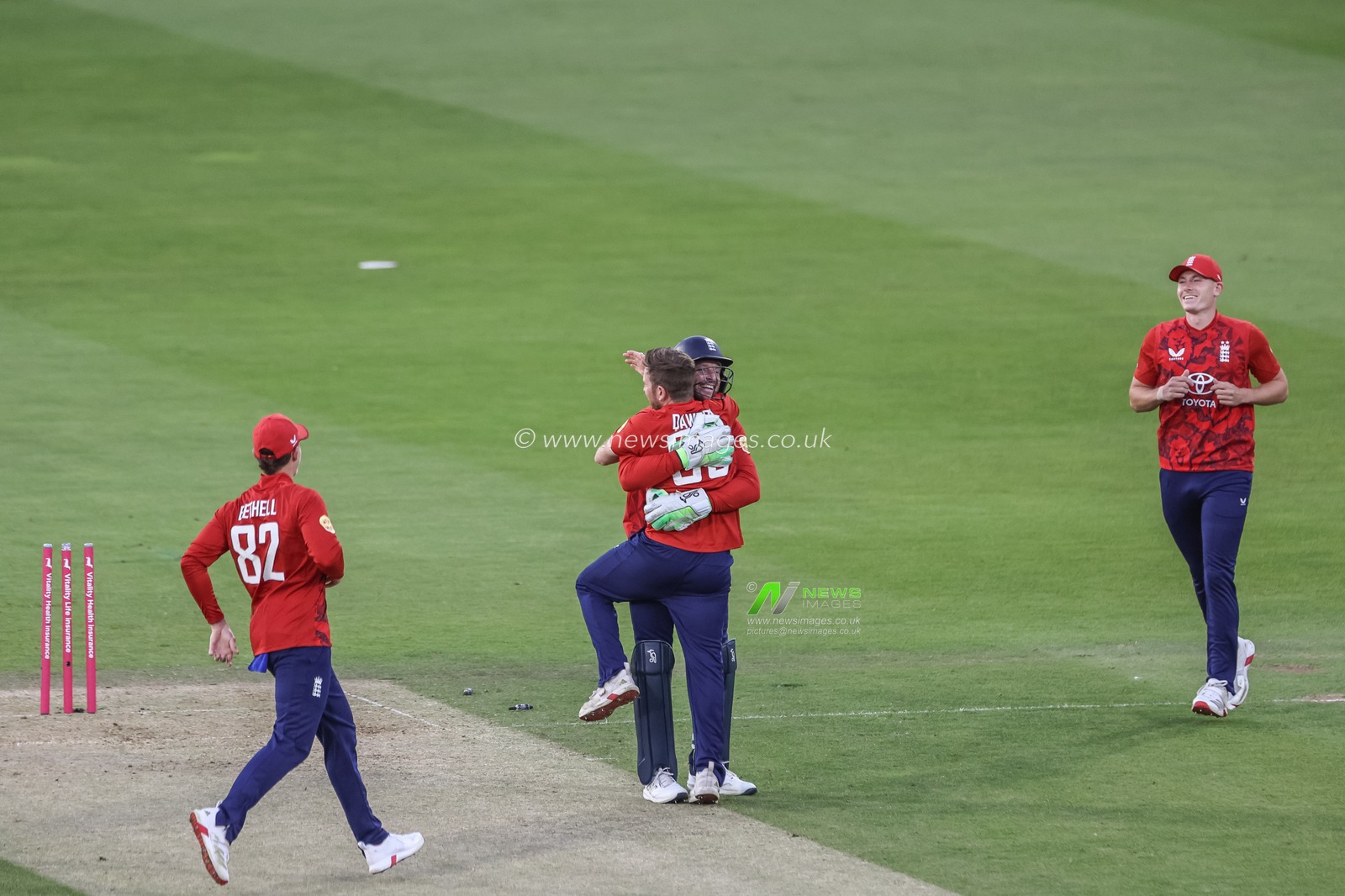 Jos Buttler of England celebrates stumping out Johnson Charles with Liam Dawson of England  during the 1st Vitality T20 International Series England v West Indies at Banks Homes Riverside Stadium, Chester-le-street, United Kingdom, 6th June 2025

(Photo by Mark Cosgrove/News Images)