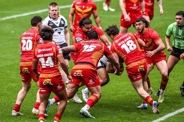 Sam Lisone of Hull FC goes over for a try as he is substituted on during the Betfred Super League round 6 match Hull FC vs Catalans Dragons at MKM Stadium, Hull, United Kingdom on 29 March 2026

(Photo by Alfie Cosgrove/News Images)