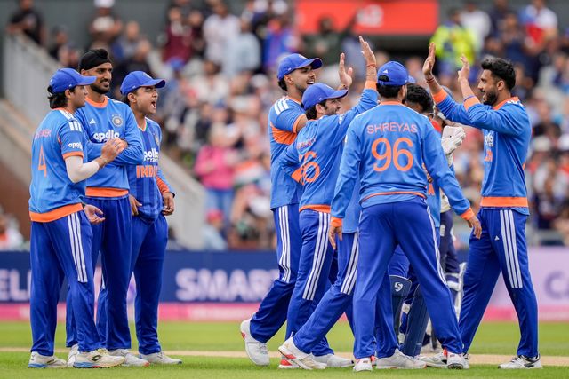 India players celebrate the wicket of Harry Brook of England after a review during the Second Vitality T20 International match England vs India at Old Trafford, Manchester, United Kingdom on 04 July 2026

(Photo by Maynard Manyowa/News Images)