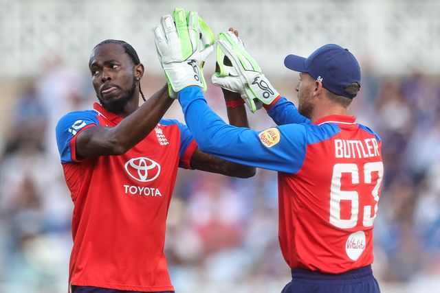 Jofra Archer of England celebrates the wicket of  Vaibhav Sooryavanshi of India during the Third Vitality T20 International match England vs India at Trent Bridge, Nottingham, United Kingdom on 07 July 2026

(Photo by Mark Cosgrove/News Images)
