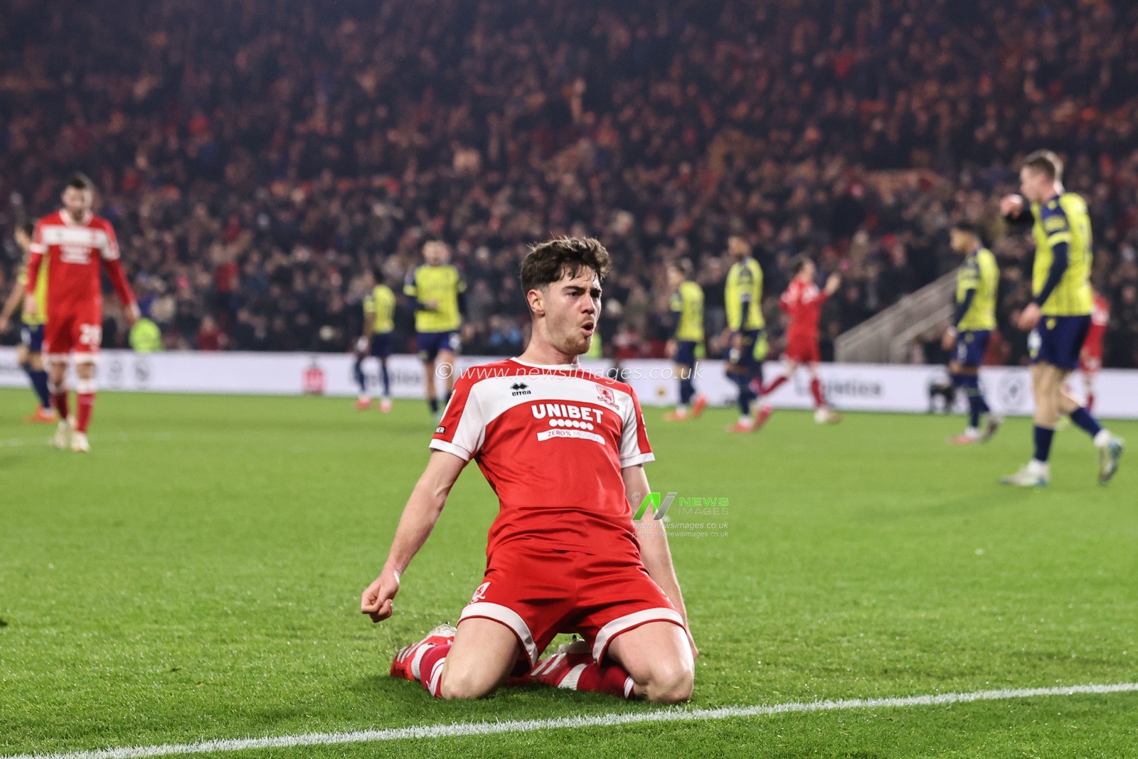 Hayden Hackney of Middlesbrough celebrates his goal to make it 1-0 during the Sky Bet Championship match Middlesbrough vs West Bromwich Albion at Riverside Stadium, Middlesbrough, United Kingdom, 21st January 2025

(Photo by Alfie Cosgrove/News Images)