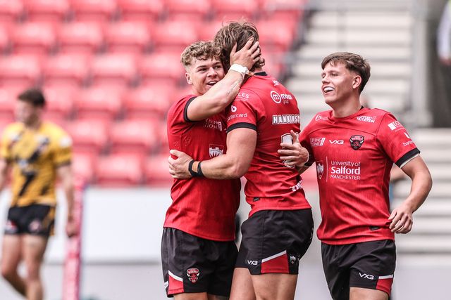Chris Hankinson of Salford Red Devils celebrates his try during the Betfred Super League Round 18 match Salford Red Devils vs Castleford Tigers at Salford Community Stadium, Eccles, United Kingdom, 13th July 2025

(Photo by Alfie Cosgrove/News Images)