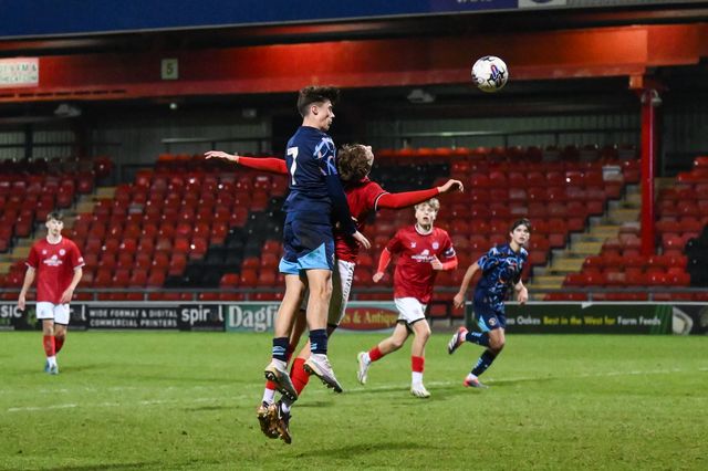 Jack Richardson of Blackpool heads on goal during the FA Youth Cup U18â€™s match Crewe Alexandra vs Blackpool at The Mornflake Stadium, Crewe, United Kingdom, 27th November 2024

(Photo by Craig Thomas/News Images)