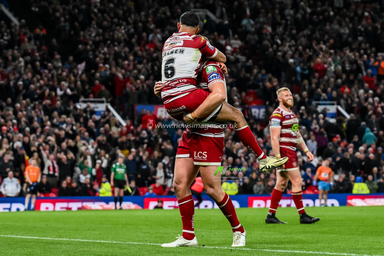 Bevan French and Kaide Ellis of Wigan Warriors celebrate their side victory following the Betfred Super League Grand Final match Wigan Warriors vs Hull KR at Old Trafford, Manchester, United Kingdom, 12th October 2024

(Photo by Craig Thomas/News Images)