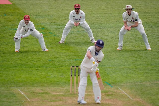Northamptonshire players react to Caleb Jewell of Derbyshire  playing and missing one during the County Championship Division Two Derbyshire vs Northamptonshire day one match at The Central Co-Op County Ground, Derby, United Kingdom on 08 May 2026

(Photo by Maynard Manyowa/News Images)